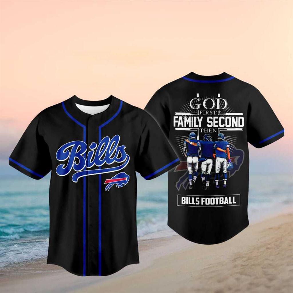 Buffalo Bills God First Family Second Baseball Jersey HG Buffalo Football Merch Gift For Religious