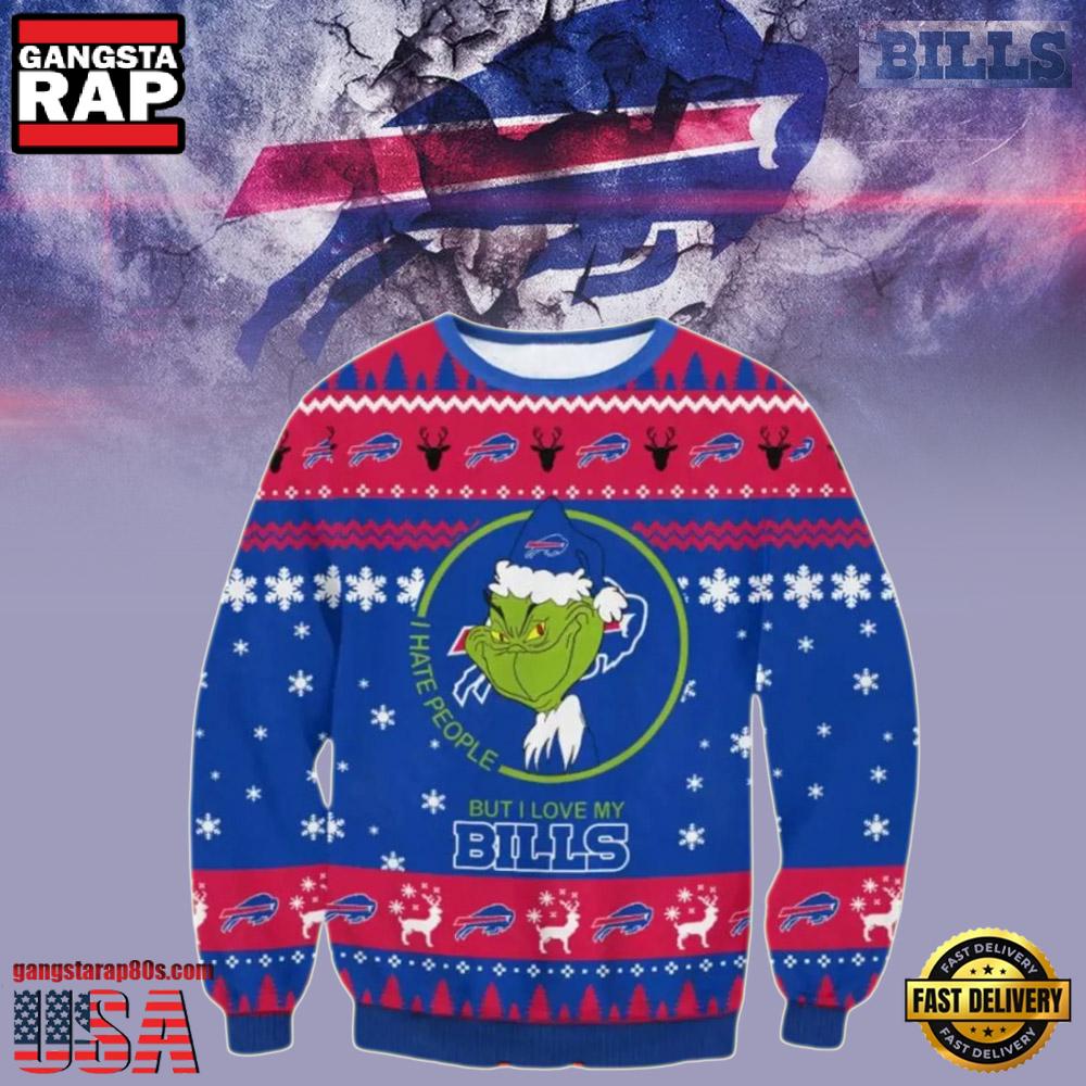 Buffalo Bills Grinch But I Love My Bills NFL Ugly Christmas Sweater LN
