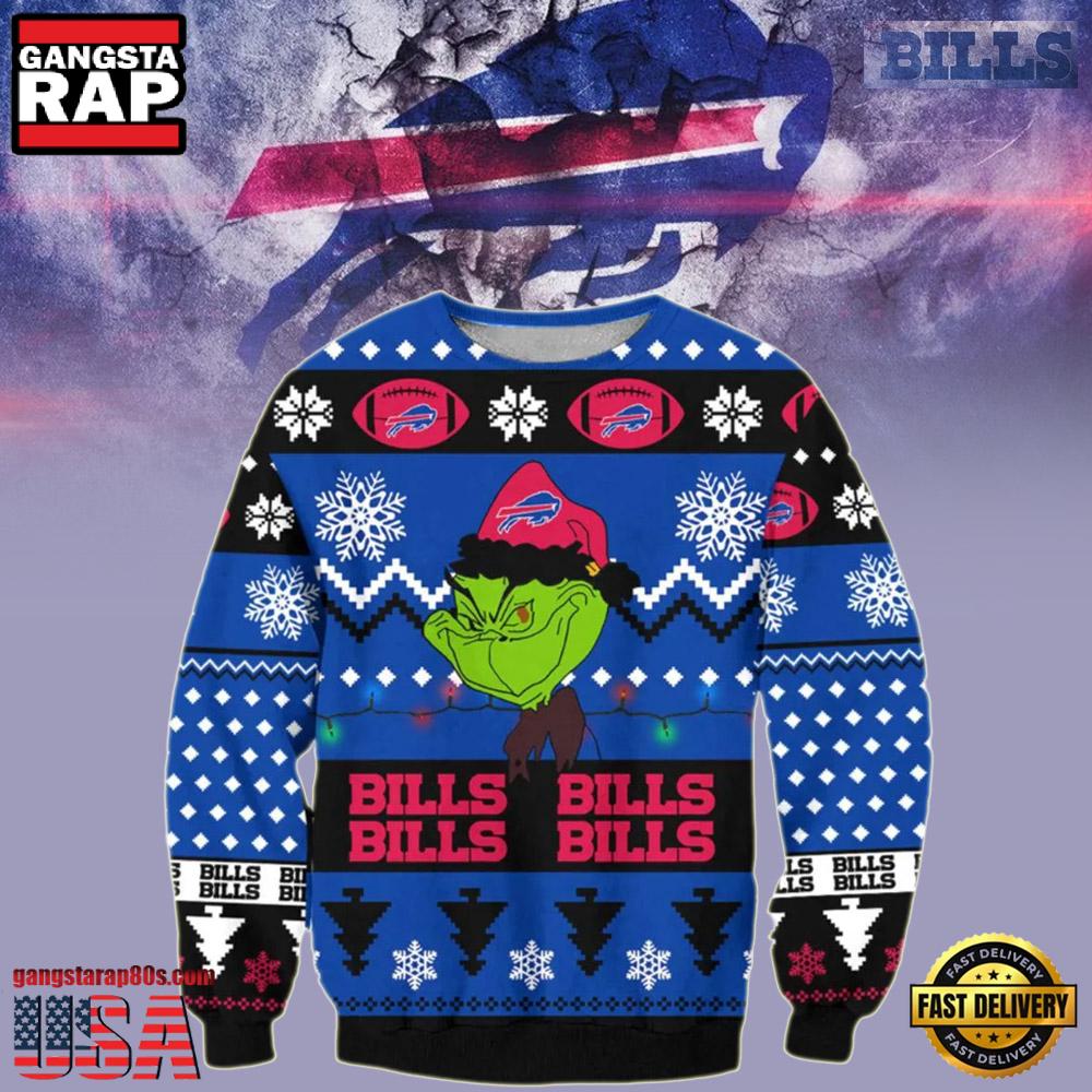 Buffalo Bills Grinch Cunningly Smile NFL Ugly Christmas Sweater LN