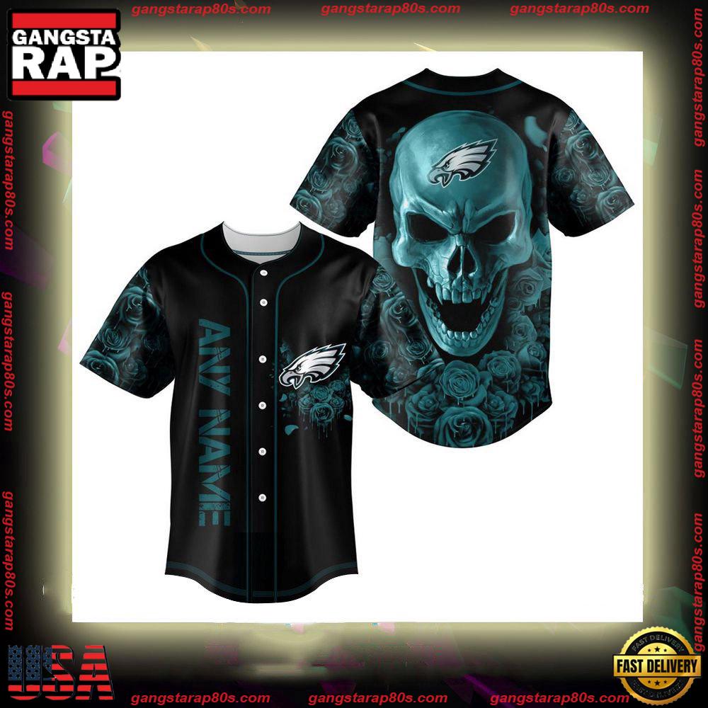 NFL Personalized Name Philadelphia Eagles Football Skull Baseball Jersey Shirt