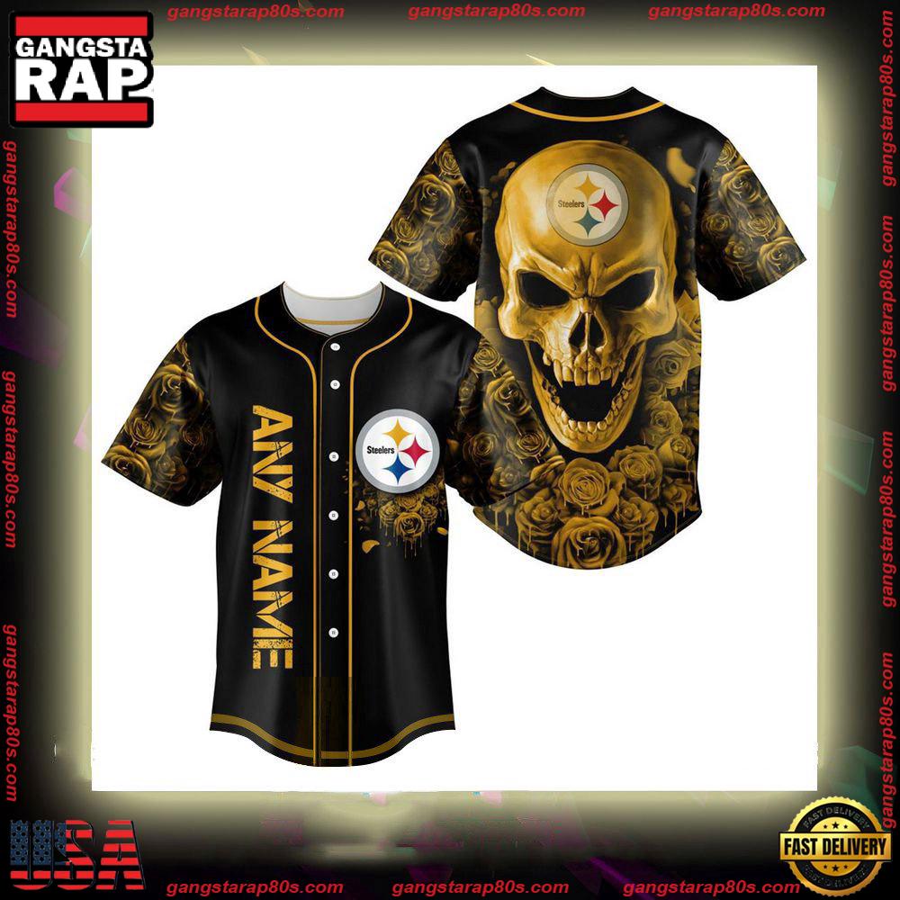 NFL Personalized Name Pittsburgh Steelers Football Skull Baseball Jersey Shirt