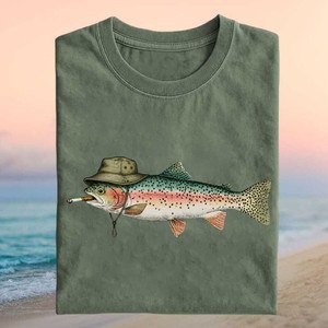 Rainbow Trout Fish Wearing Bucket Hat Smoking Cigarette Retro T-Shirt Fishing Humor Shirt HG