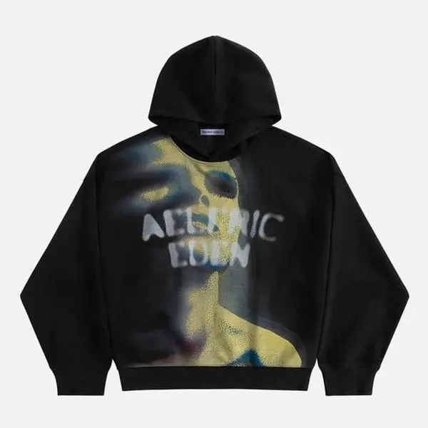 Aelfric Eden Menswear Pullover Hoodie HG Unisex, Relaxed Fit, Heavyweight Cotton, Longsleeves, Abstract Portrait Graphic, Distorted Figure Print, Thermal Top for Casual Streetwear Sweatshirts,back to school,back to school shopping,sohochic