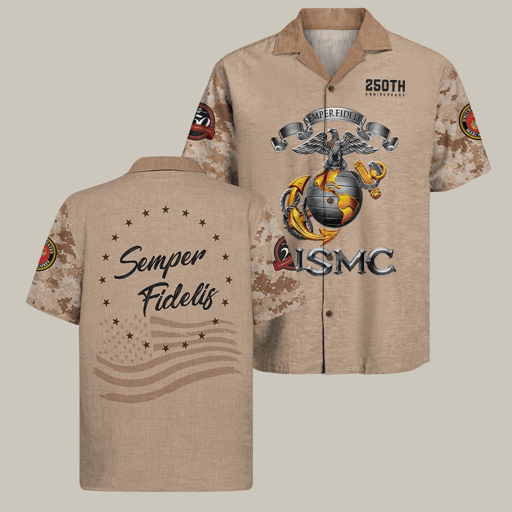 US Marines 250Th Anniversary Camo Hawaiian Shirt NNA Semper Fidelis Veteran Merch Gifts Ideas