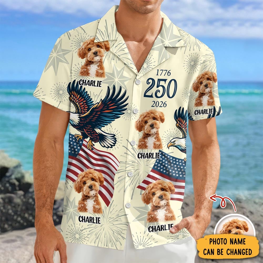Personalized Photo Dog Eagle US 250 Anniversary 1776 2026 Hawaiian Shirt NNA 4th Of July Merch