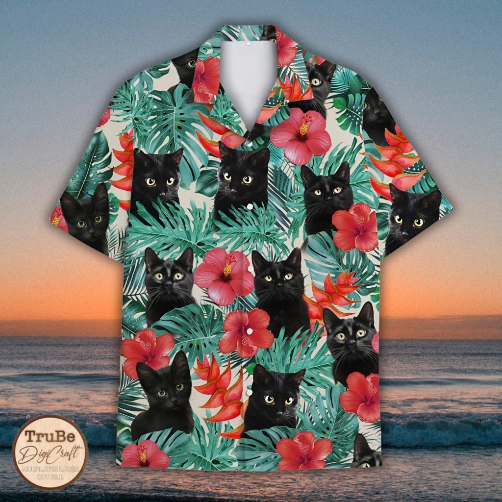 Tropical Black Cat Hawaiian Shirt HG : Summer Beach Button-Up