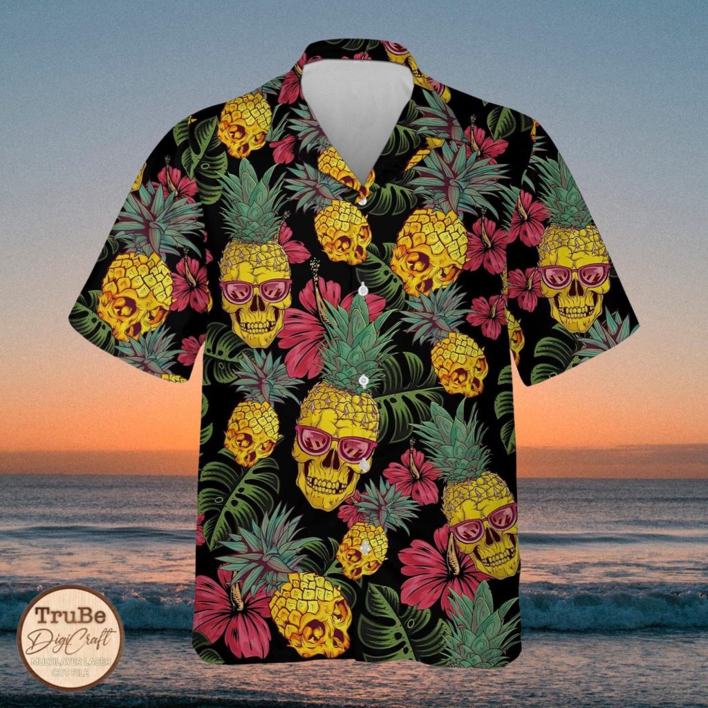 Tropical Pineapple Skull Hawaiian Shirt HG : Aloha Summer Beach Button Down