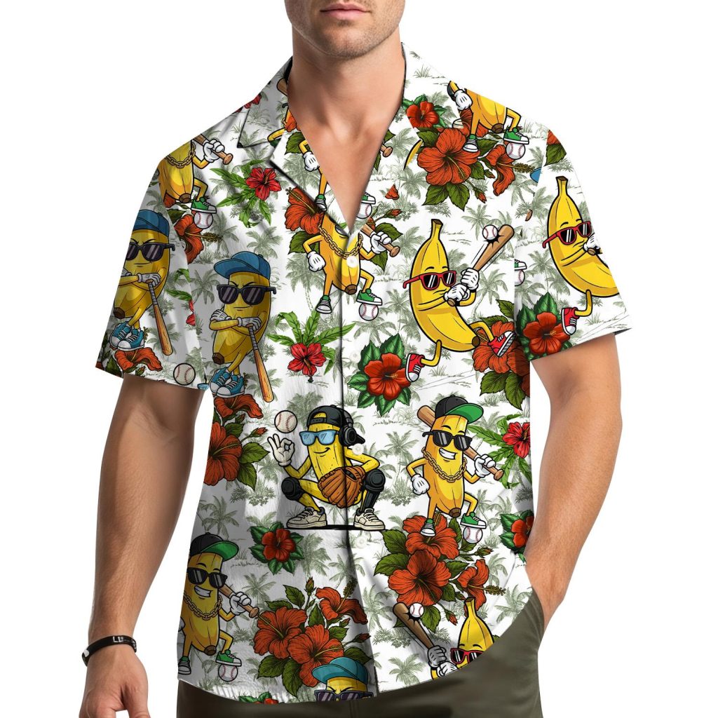 Banana Baseball Hawaiian Shirt HG  Men Women Youth  Funny Tropical Fruit Sports Print  Summer Beach Vacation Short Sleeve Button Up Shirt HG