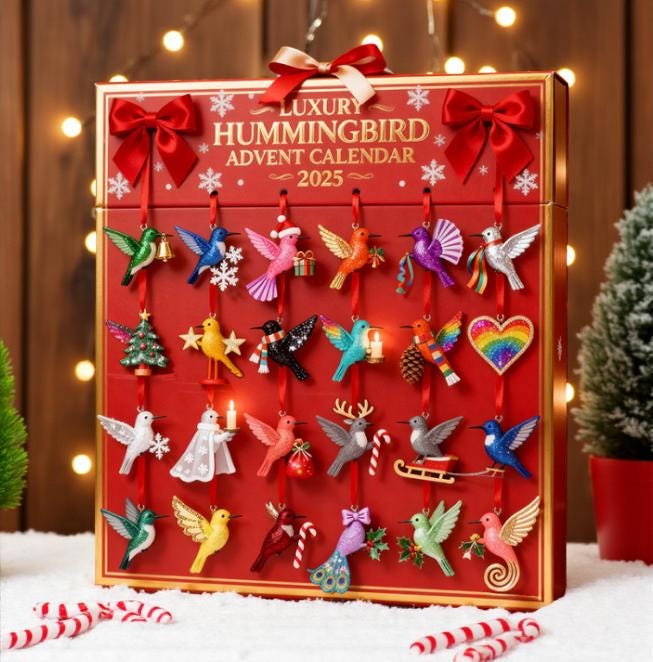 2D Acrylic Hummingbird Ornament Advent Calendar HG 2025: 24 Holiday Bird Decorations