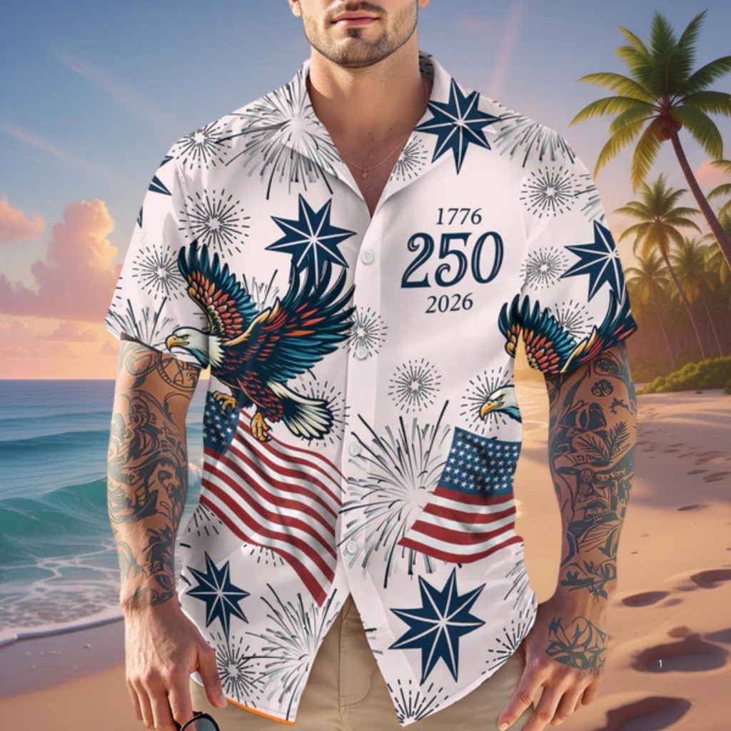 USA 250th Anniversary Hawaii Shirt 1776-2026 Patriotic Eagle Button Down American Flag Fireworks Tropical Shirt Independence Day Gift NNA