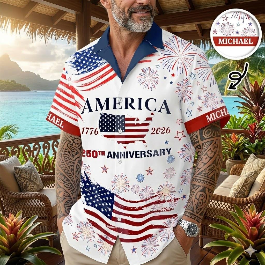 Personalized USA 250th Anniversary Hawaiian Shirt – Custom Name Patriotic Eagle 1776-2026 NNA - Image 3