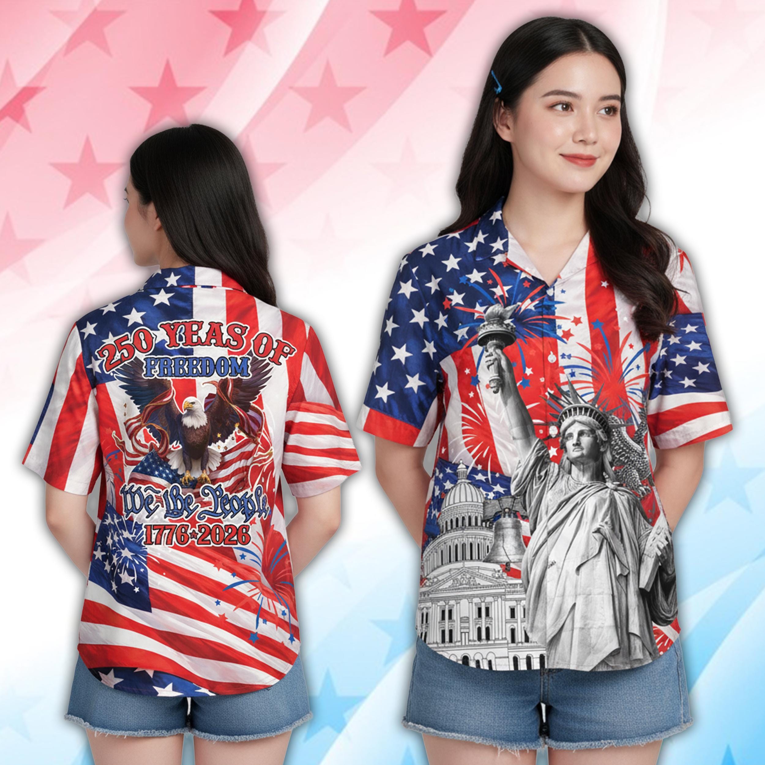 USA Patriotic Hawaiian Shirt For Men & Women American Flag 250 Years Of Freedom Button Up Shirt Statue 0f Liberty Independence Day Shirt NNA - Image 2