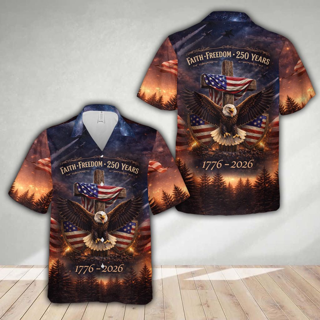 250 Years of Freedom America Hawaiian Shirt USA Eagle 4th Of July Button Up Shirt Red White & Blue Patriotic Shirt Independence Day Outfit NNA