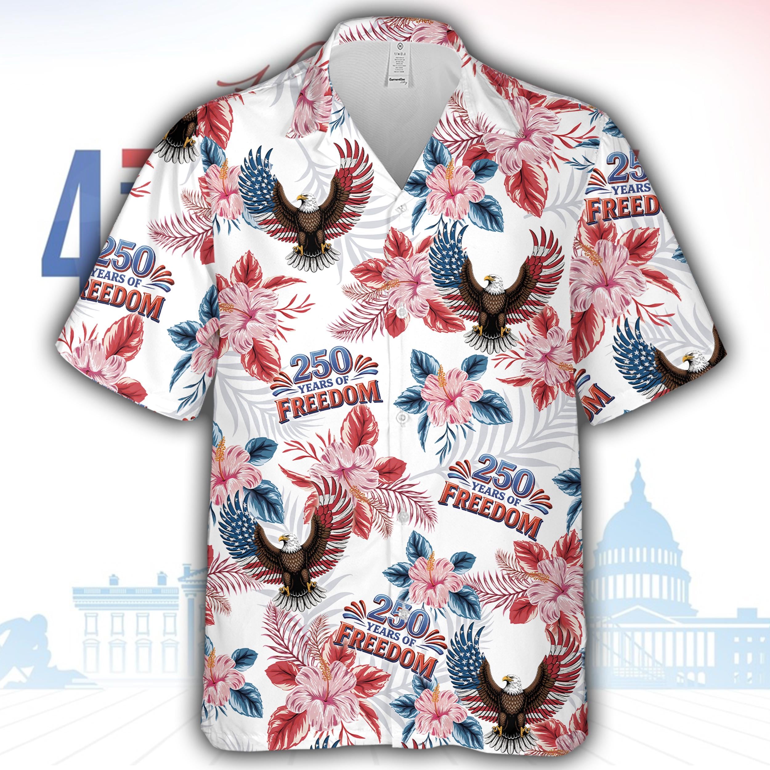 250 Years of Freedom America Hawaiian Shirt USA Eagle 4th Of July Button Up Shirt Red White & Blue Patriotic Shirt Independence Day Outfit NNA - Image 2