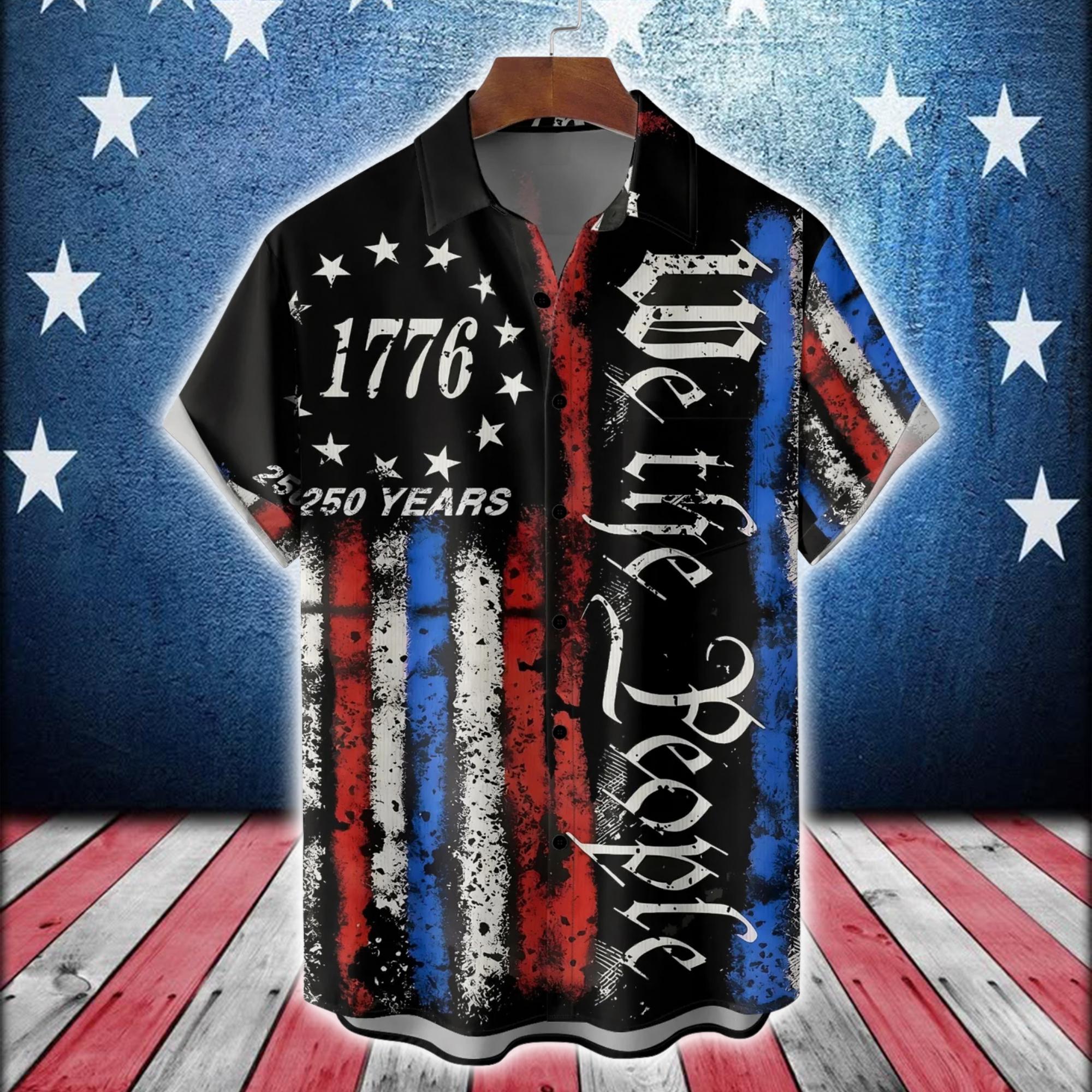 Patriotic Hawaiian Shirt Lightweight Breathable Comfort USA 250th Anniversary Chest Pocket Print Memorial Day Holiday Party Button Down NNA