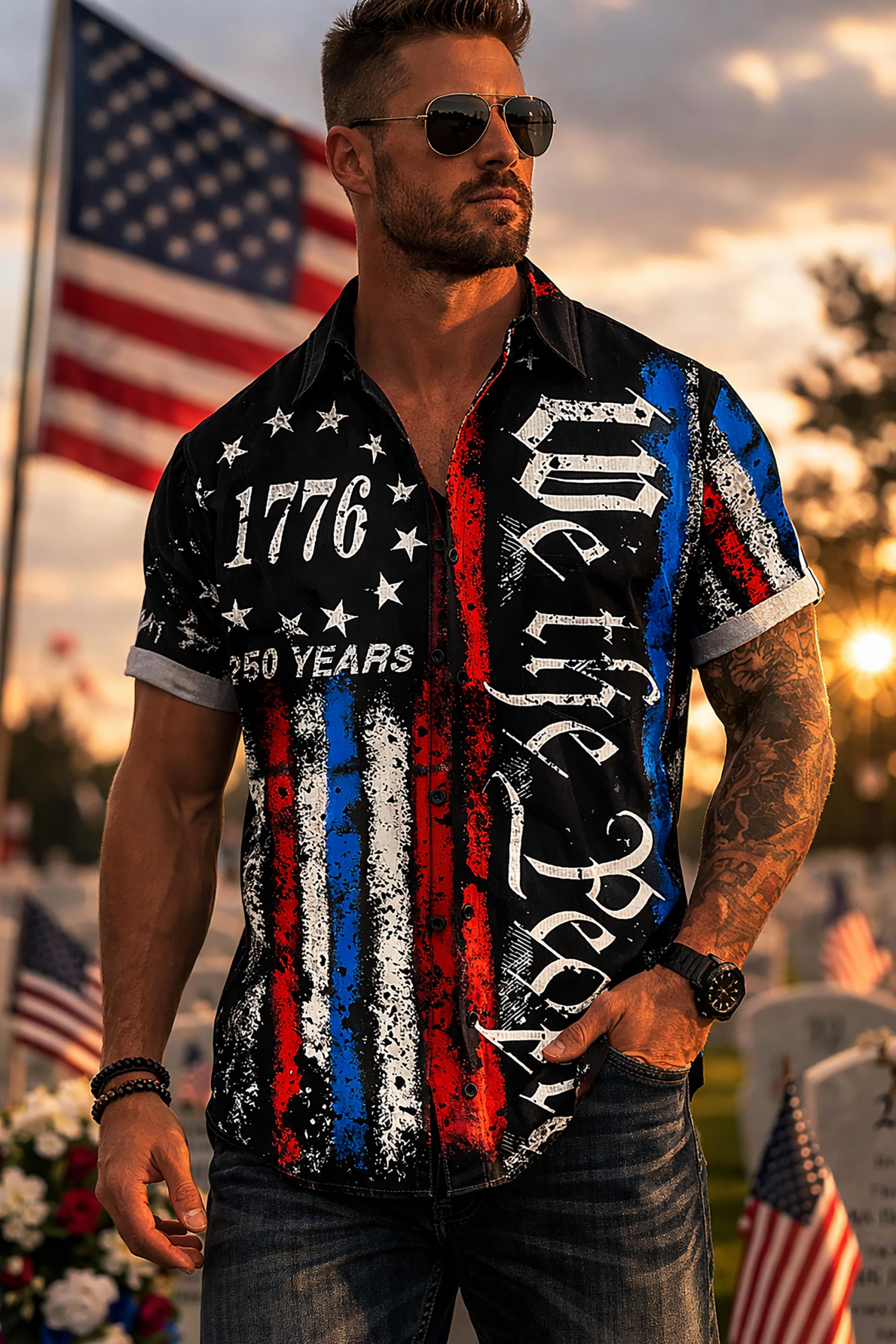 Patriotic Hawaiian Shirt Lightweight Breathable Comfort USA 250th Anniversary Chest Pocket Print Memorial Day Holiday Party Button Down NNA - Image 3