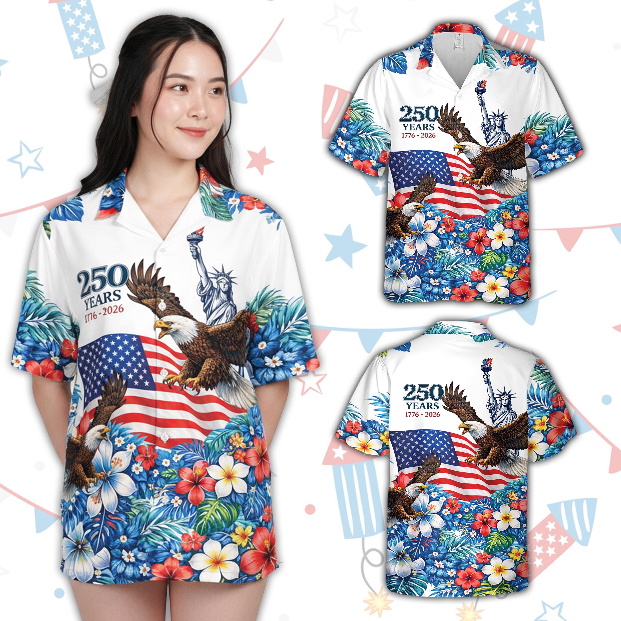 250 Years of Freedom America Hawaiian Shirt 4th July Button Up Shirt USA Flag Eagle Liberty Flowers Patriotic Shirt Independence Day Shirt NNA