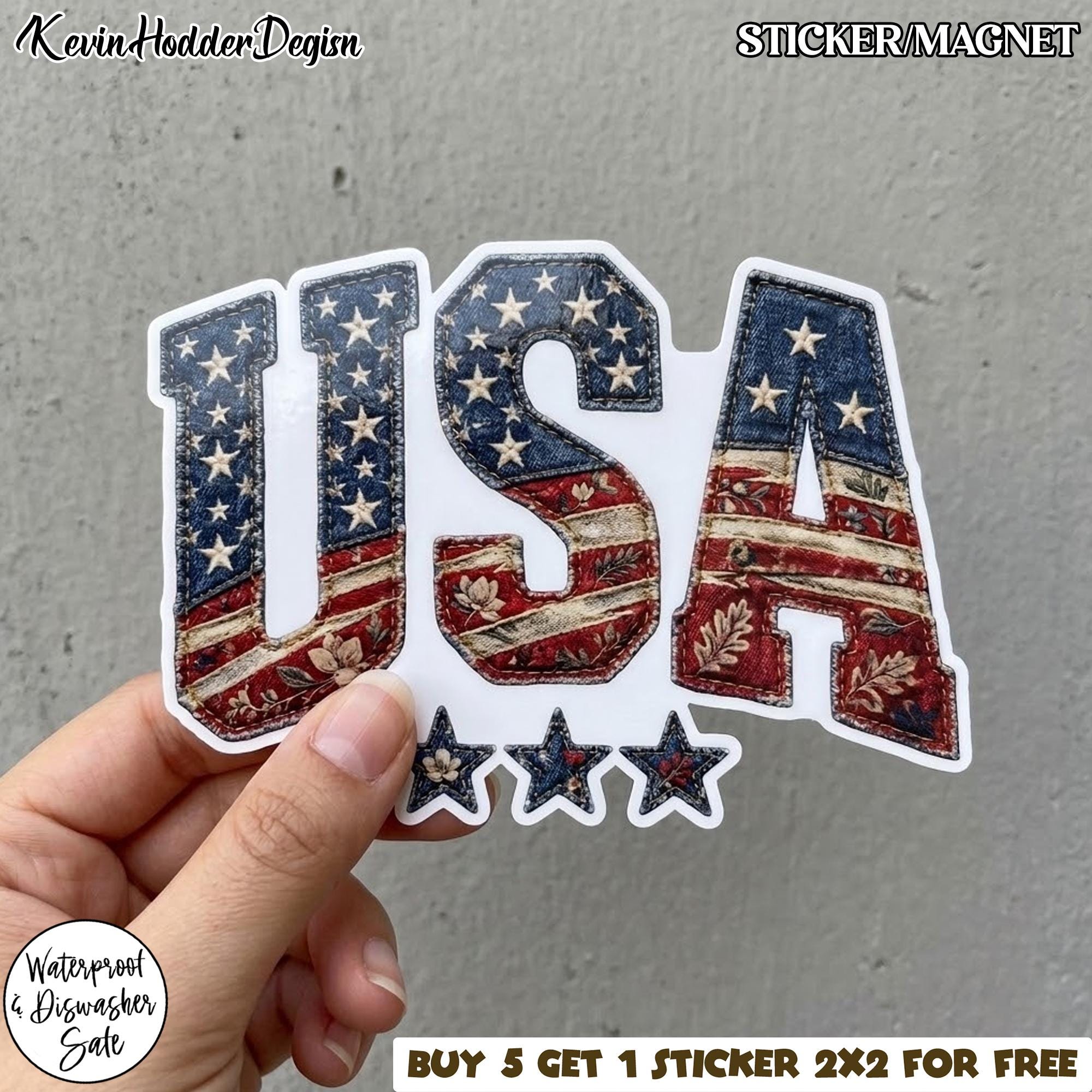 USA Patchwork Sticker NNA, Patriotic American Flag Fabric Style Decal, Vintage USA Stars Stripes