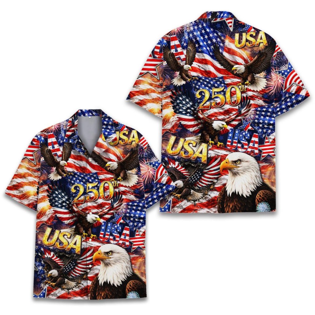 USA 250th Anniversary Hawaiian Shirt Patriotic Aloha Shirt American Flag 4th of July Button Up Shirt Independence Day Gift NNA
