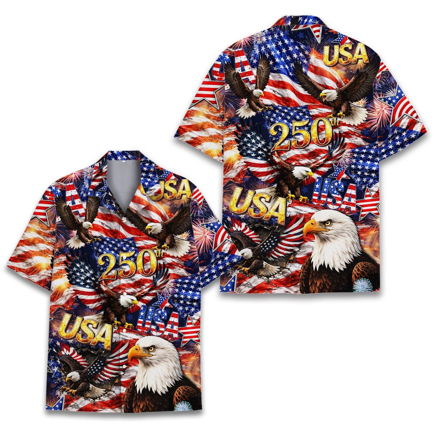 USA 250th Anniversary Hawaiian Shirt Patriotic Aloha Shirt American Flag 4th of July Button Up Shirt Independence Day Gift NNA