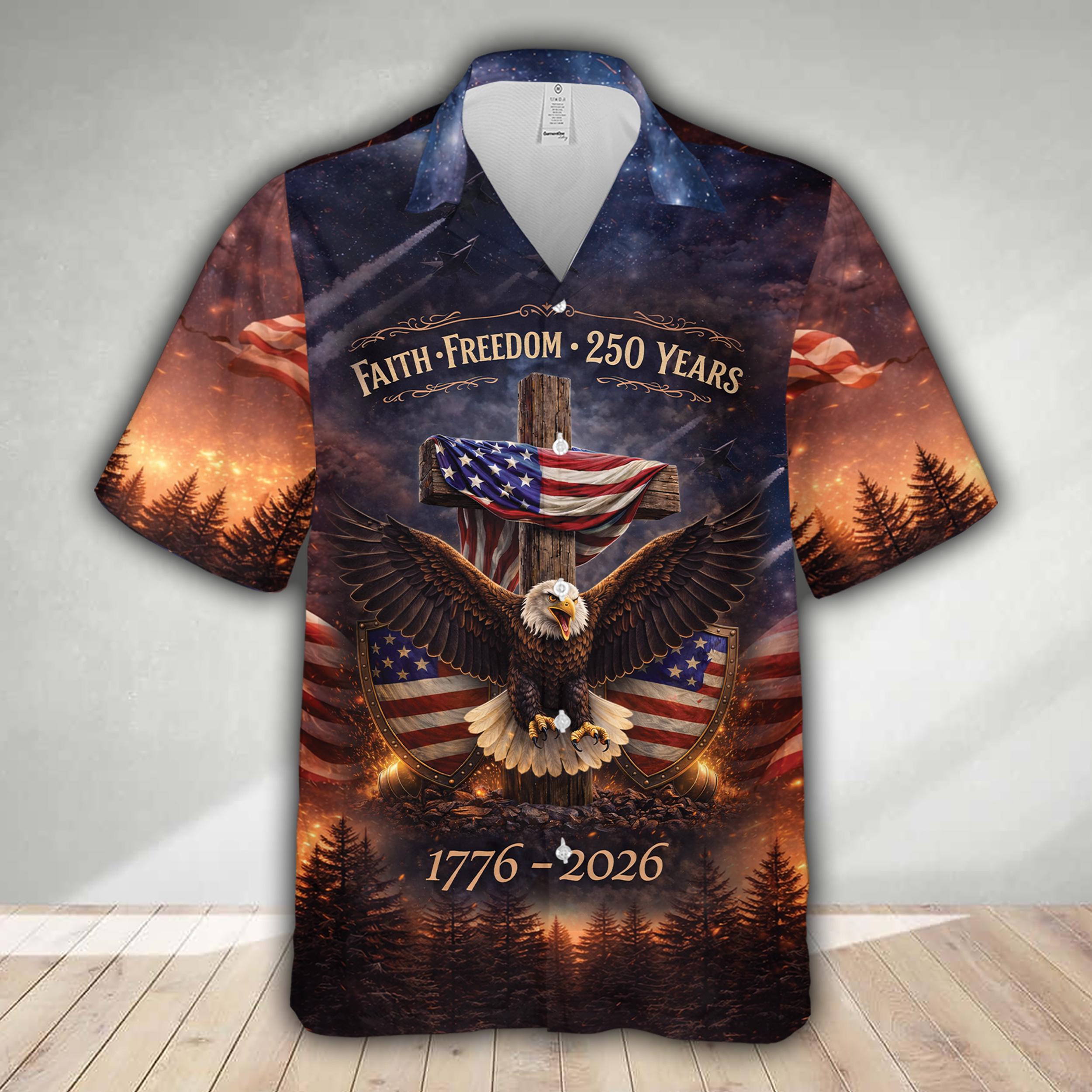 250 Years of Freedom America Hawaiian Shirt USA Eagle 4th Of July Button Up Shirt Red White & Blue Patriotic Shirt Independence Day Outfit NNA - Image 2