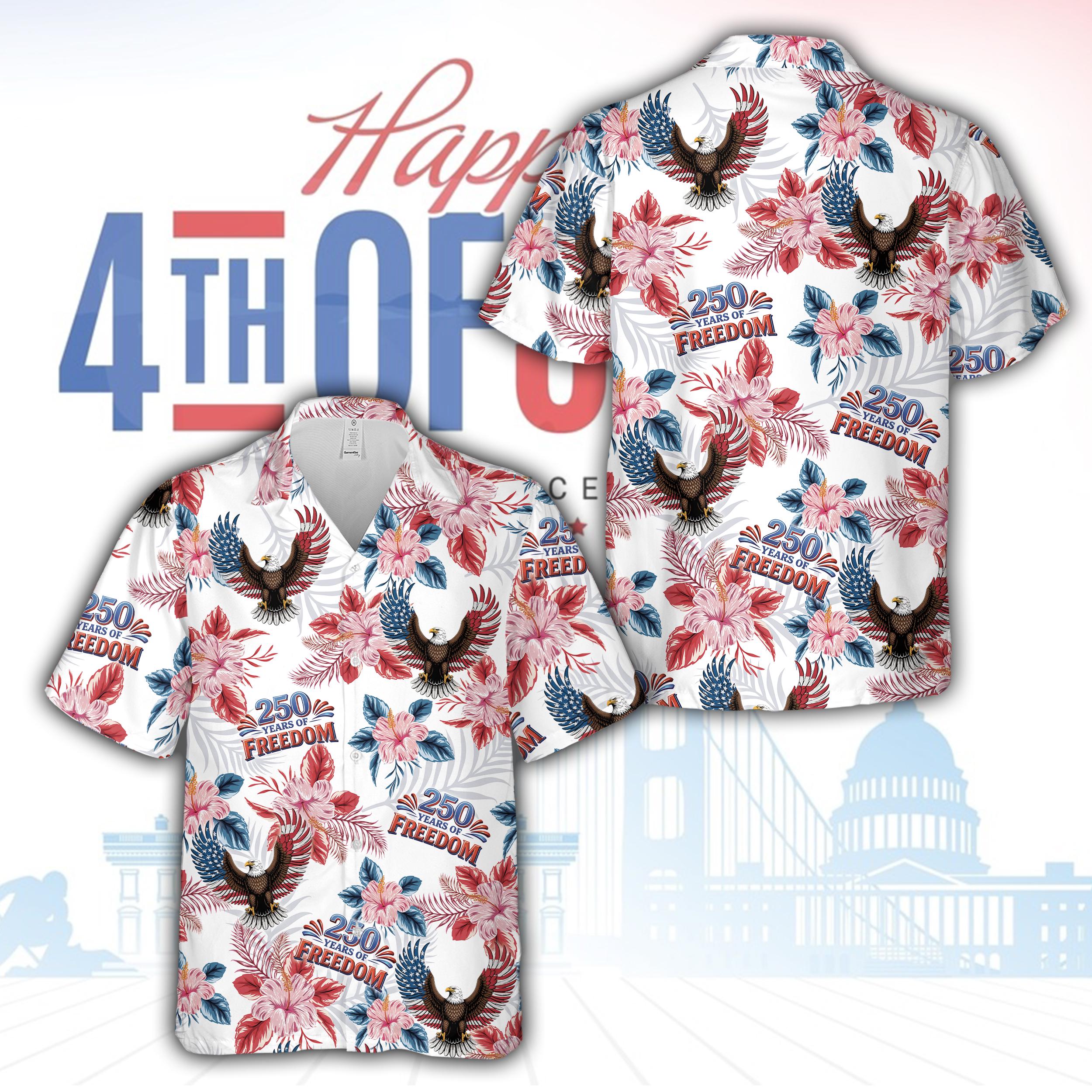 250 Years of Freedom America Hawaiian Shirt USA Eagle 4th Of July Button Up Shirt Red White & Blue Patriotic Shirt Independence Day Outfit NNA