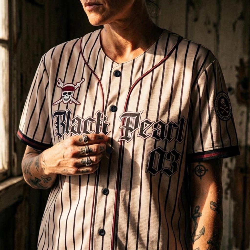 Black Pearl 03 Baseball Jersey HG , Cream Pinstripe Pirate Captain Shirt, Vintage Caribbean Outlaw Button Up, Unisex Cosplay Sports Jersey HG