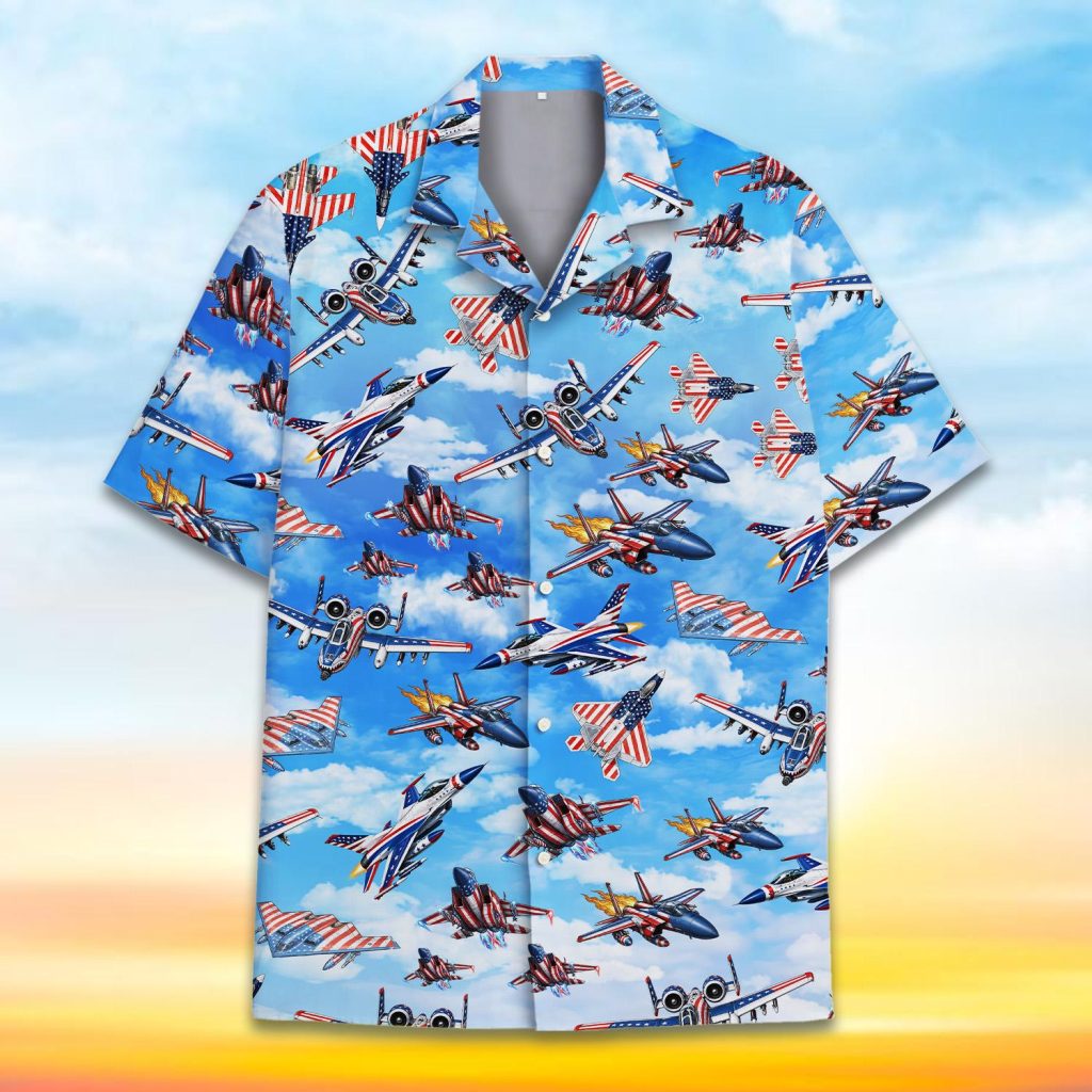 Patriotic Airplane Hawaiian Shirt HG for Men Women Youth USA Fighter Plane Aloha Button Up Shirt HG 4th of July Outfit