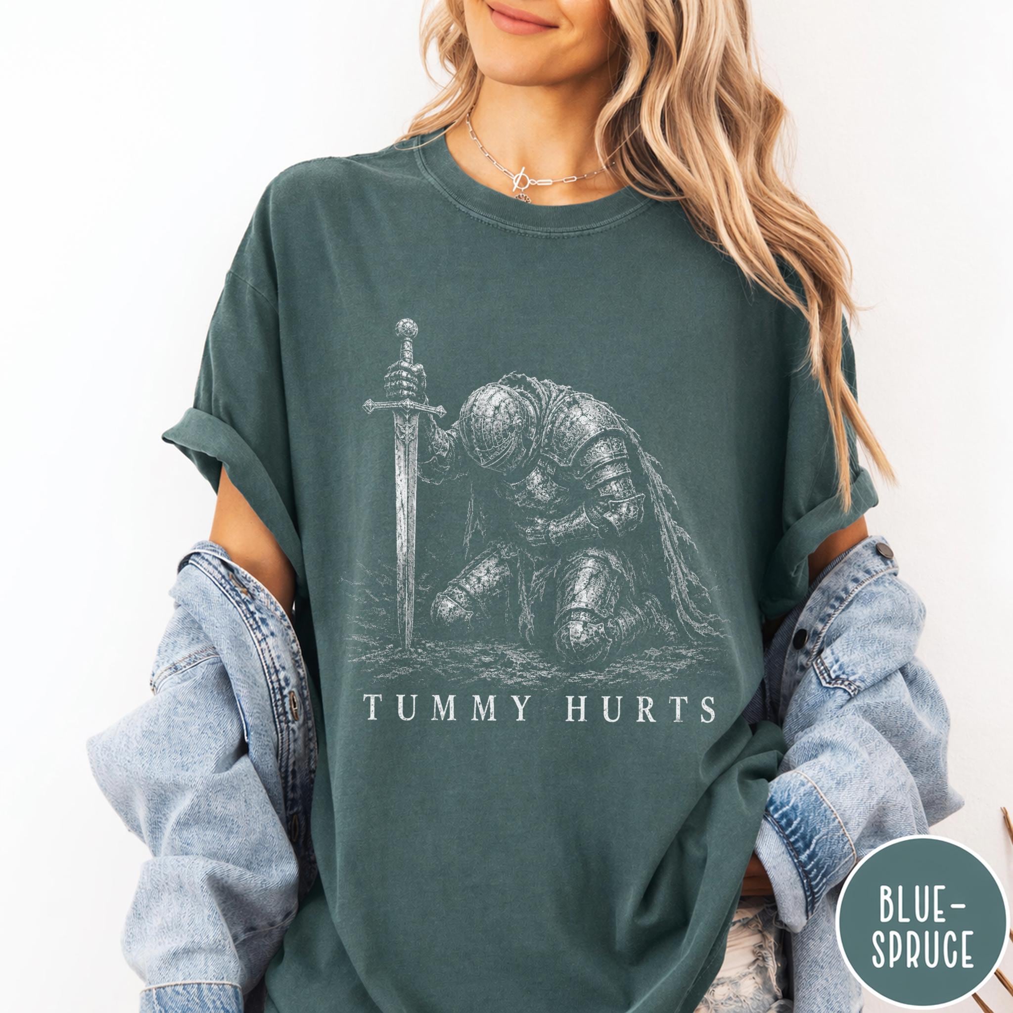 Tummy Hurts Knight Shirt, Funny Dark Fantasy Graphic Tee, Ironic Meme T-Shirt, Gamer Girl Gift, Retro Elden Knight Top HFN Shirt - Image 8