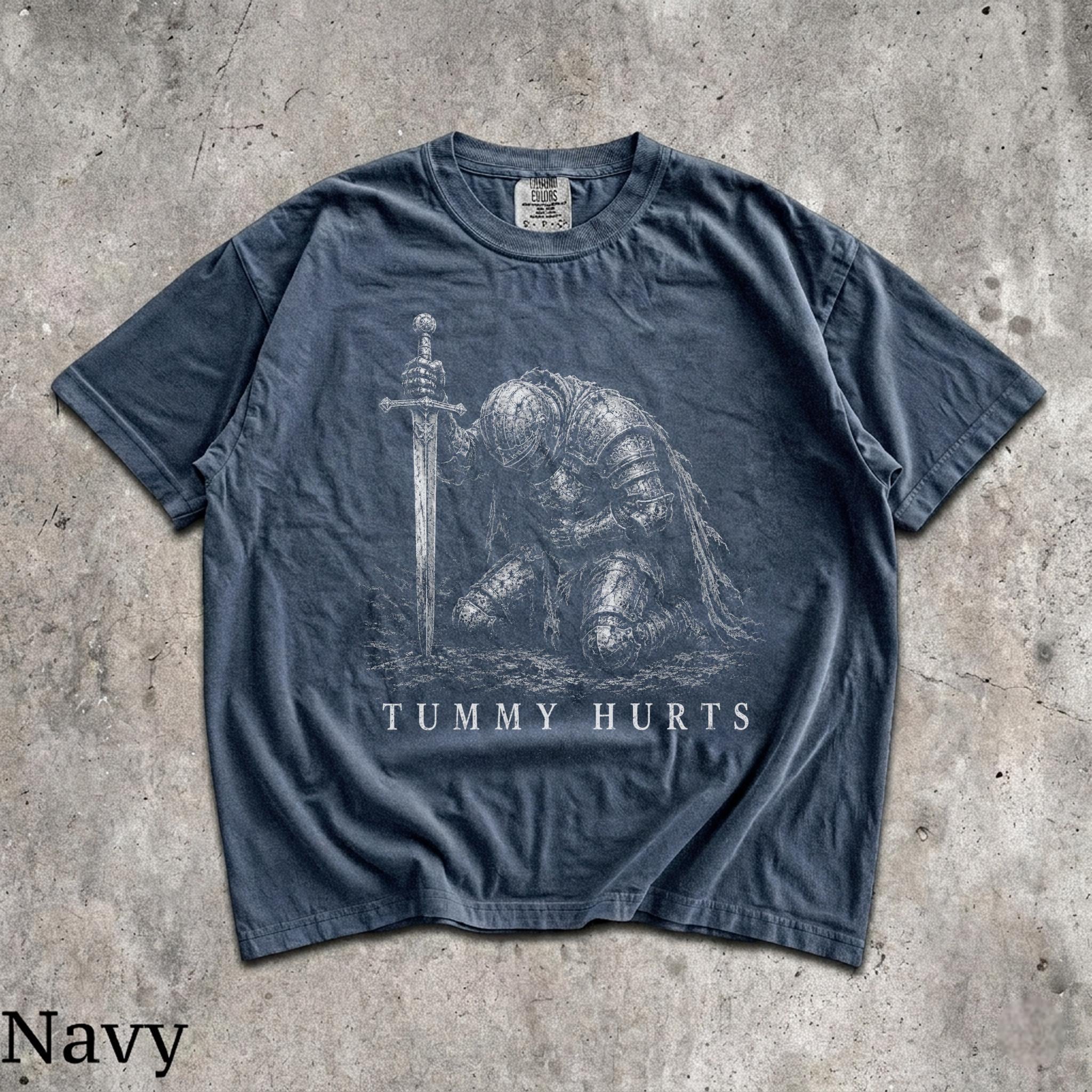 Tummy Hurts Knight Shirt, Funny Dark Fantasy Graphic Tee, Ironic Meme T-Shirt, Gamer Girl Gift, Retro Elden Knight Top HFN Shirt - Image 4