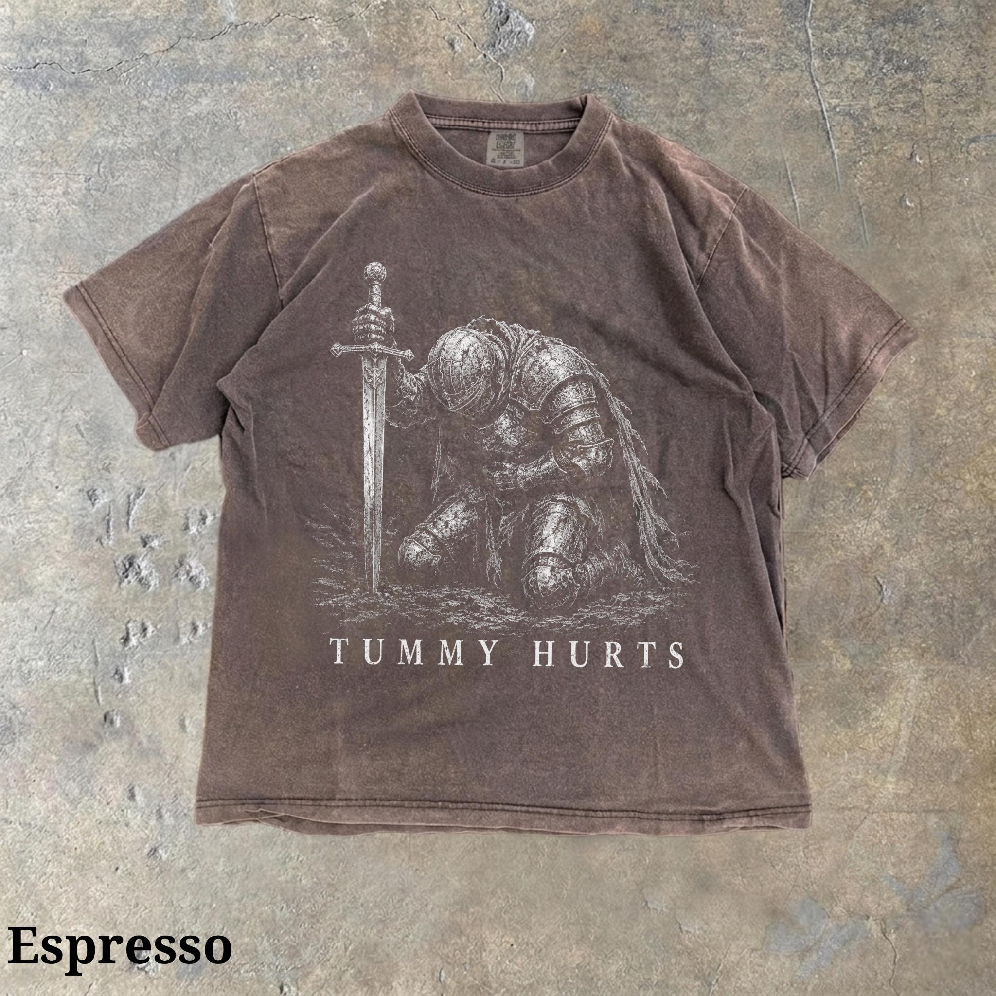 Tummy Hurts Knight Shirt, Funny Dark Fantasy Graphic Tee, Ironic Meme T-Shirt, Gamer Girl Gift, Retro Elden Knight Top HFN Shirt - Image 2