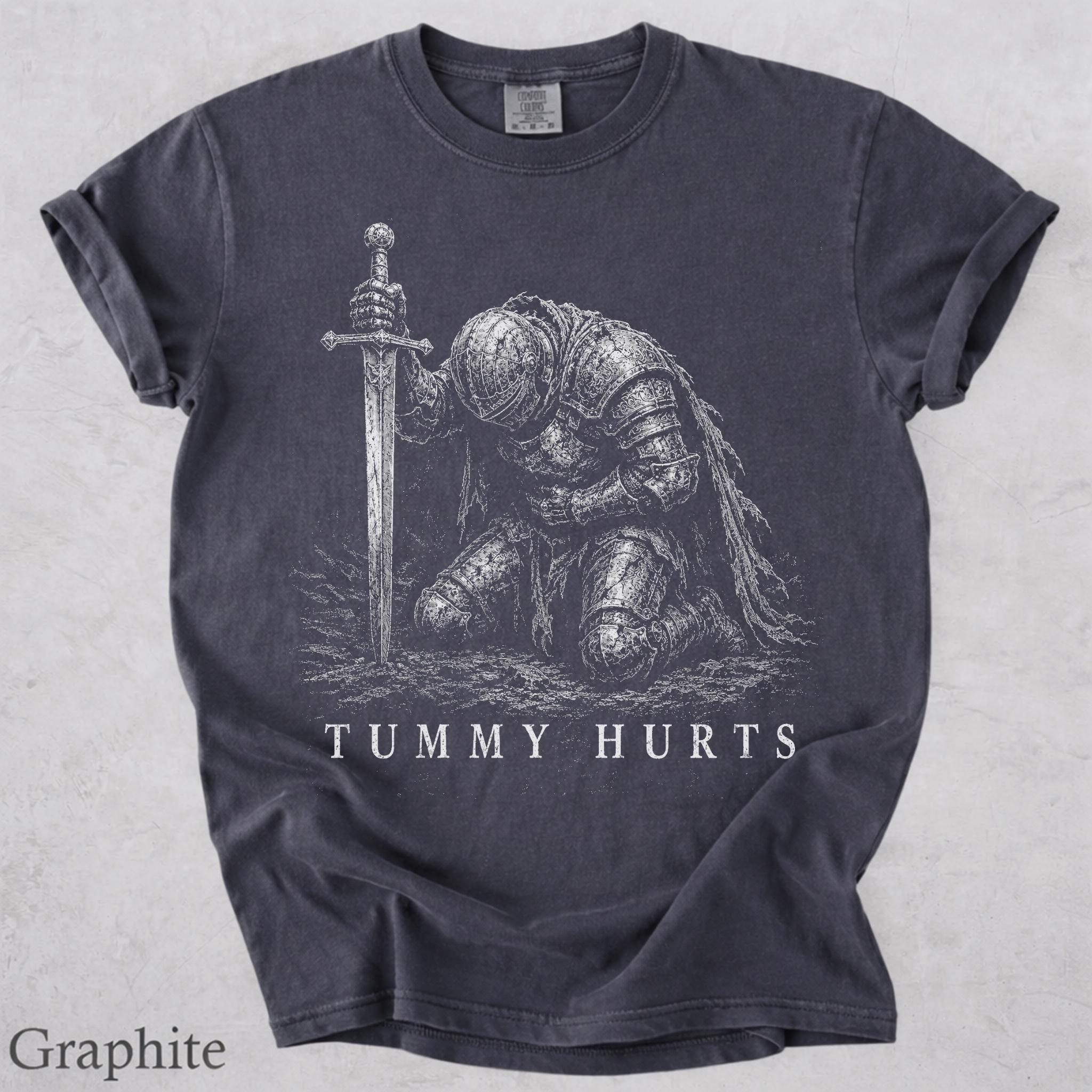 Tummy Hurts Knight Shirt, Funny Dark Fantasy Graphic Tee, Ironic Meme T-Shirt, Gamer Girl Gift, Retro Elden Knight Top HFN Shirt - Image 6