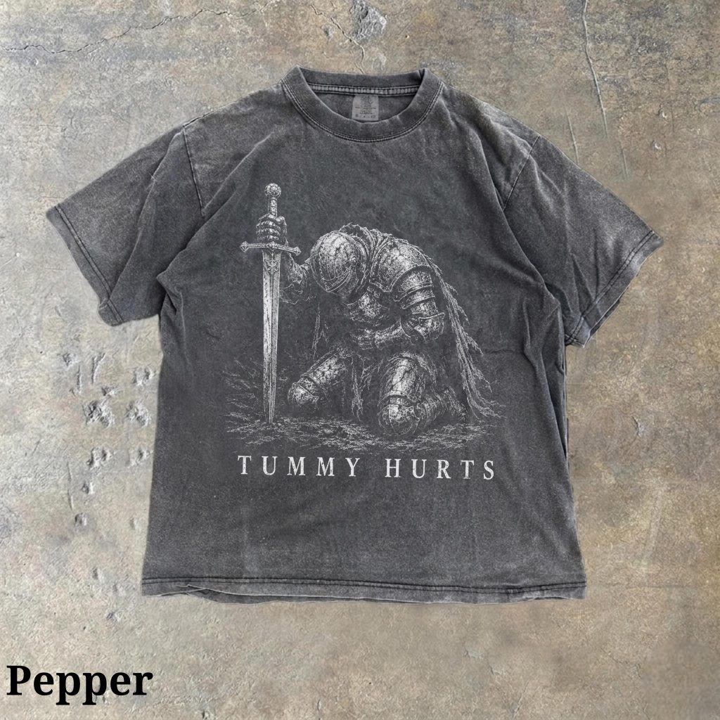 Tummy Hurts Knight Shirt, Funny Dark Fantasy Graphic Tee, Ironic Meme T-Shirt, Gamer Girl Gift, Retro Elden Knight Top HFN Shirt