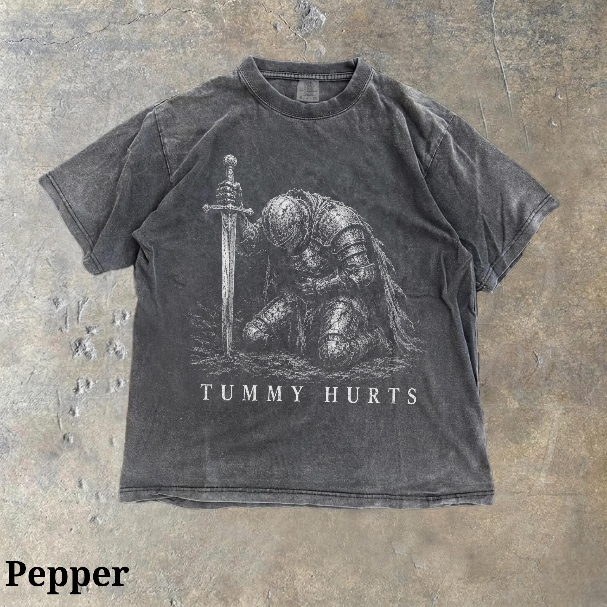 Tummy Hurts Knight Shirt, Funny Dark Fantasy Graphic Tee, Ironic Meme T-Shirt, Gamer Girl Gift, Retro Elden Knight Top HFN Shirt