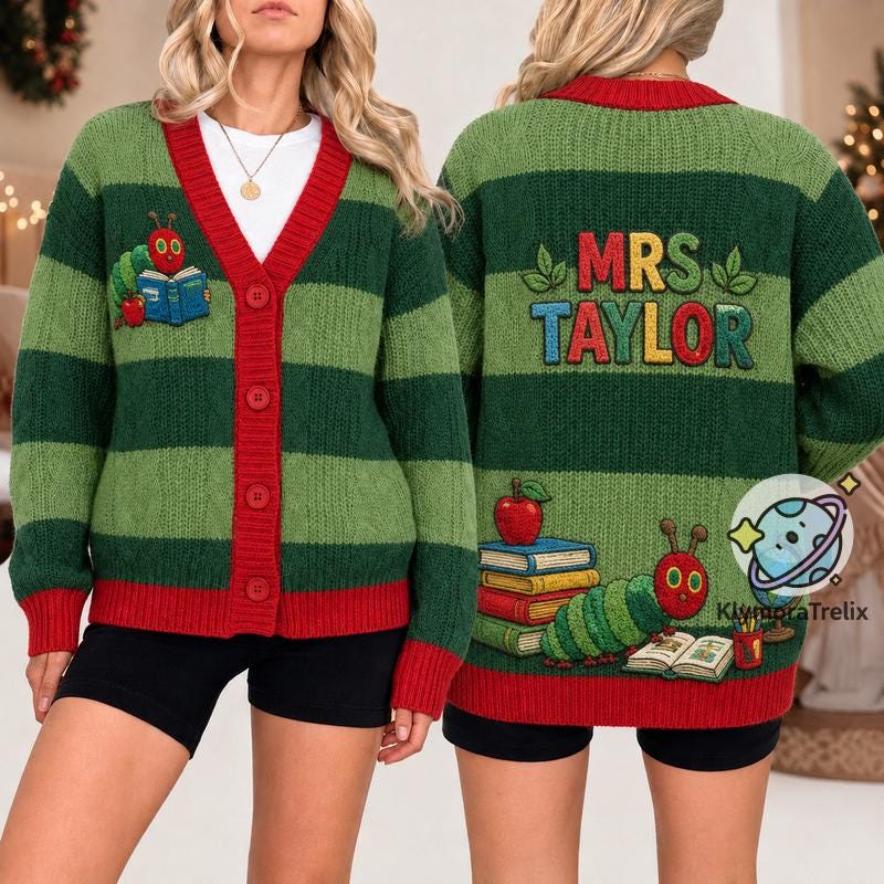 Very Hungry Caterpillar Cardigan HG , Eric Carle Storybook Sweater, Back To School Gift, Reading Classroom Gift, Literacy Gift, Gift For Teacher