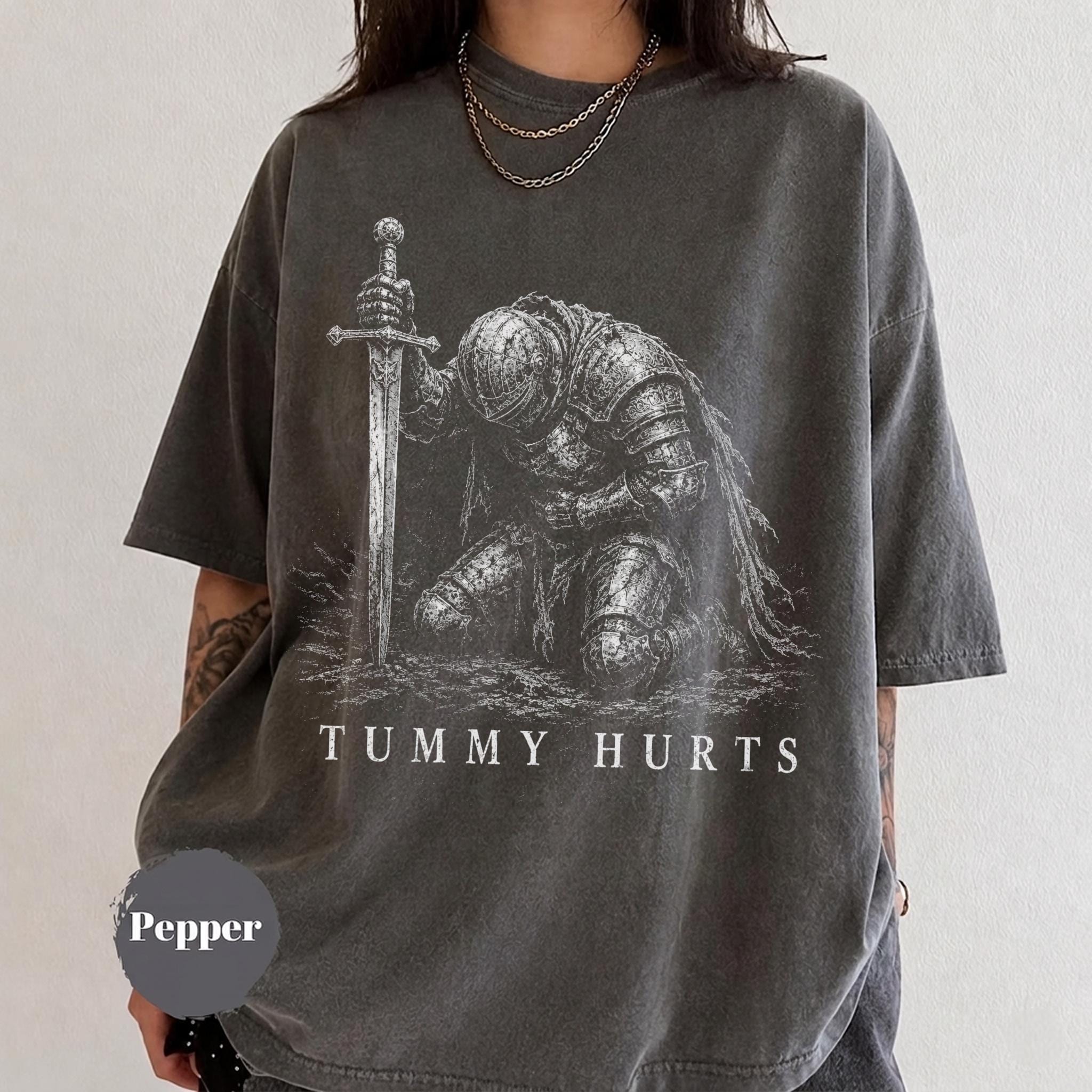 Tummy Hurts Knight Shirt, Funny Dark Fantasy Graphic Tee, Ironic Meme T-Shirt, Gamer Girl Gift, Retro Elden Knight Top HFN Shirt - Image 7