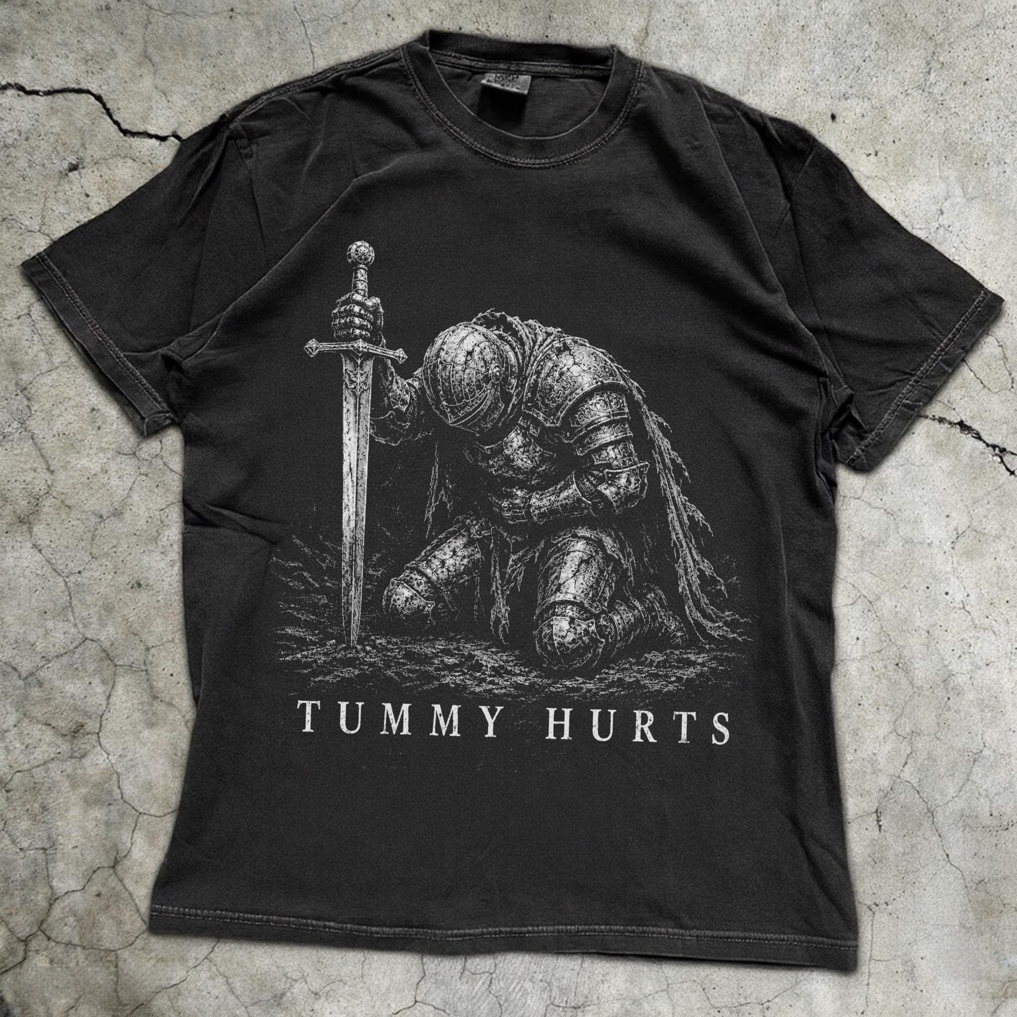 Tummy Hurts Knight Shirt, Funny Dark Fantasy Graphic Tee, Ironic Meme T-Shirt, Gamer Girl Gift, Retro Elden Knight Top HFN Shirt - Image 3