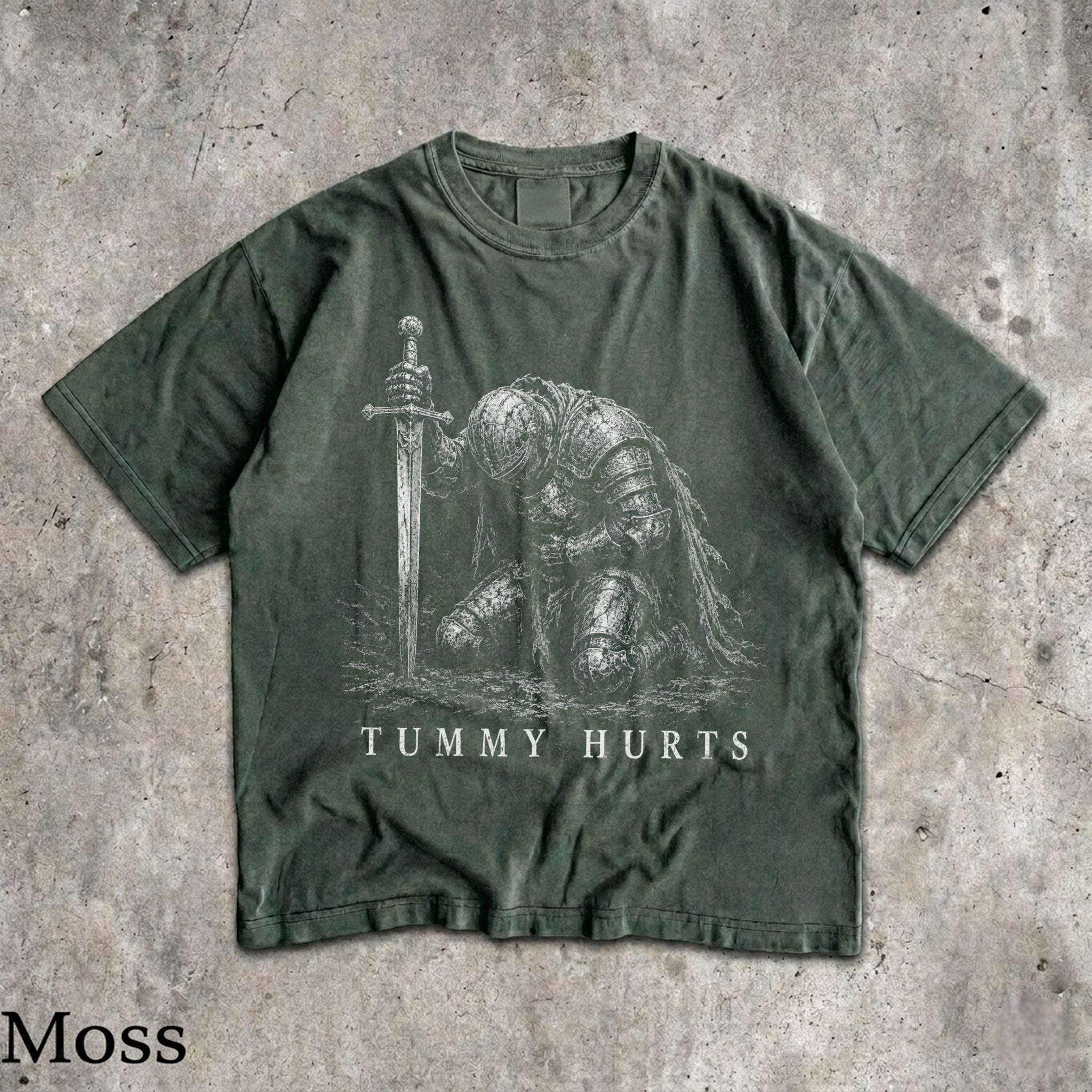 Tummy Hurts Knight Shirt, Funny Dark Fantasy Graphic Tee, Ironic Meme T-Shirt, Gamer Girl Gift, Retro Elden Knight Top HFN Shirt - Image 5