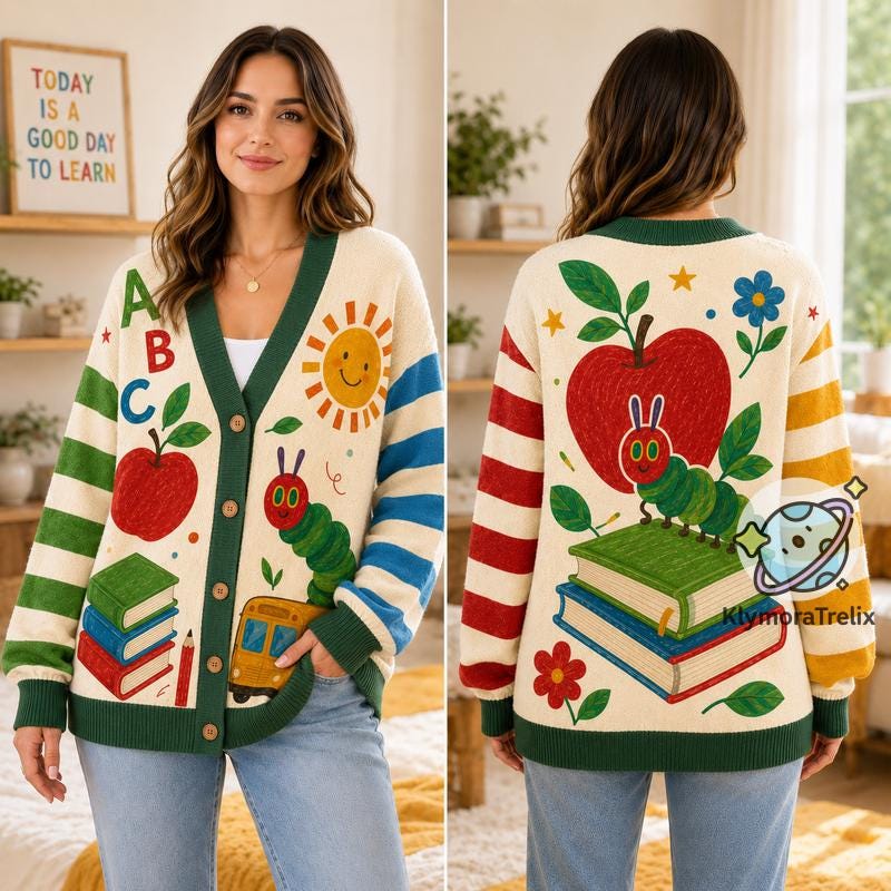 The Hungry Caterpillar Teacher Cardigan HG , Personalized School Cardigan HG , ABC Apple Book , Elementary Teacher Gift