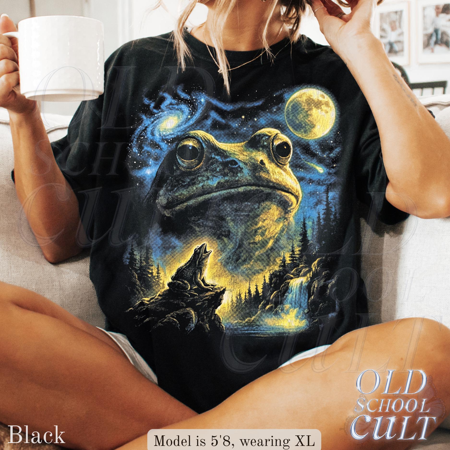 Vintage Frog 90s T Shirt, HG Cosmic Moon Graphic Tee, Washed Black Nature Shirt, Space Frog Gift, Mystical Forest Animal Art Tee - Image 5