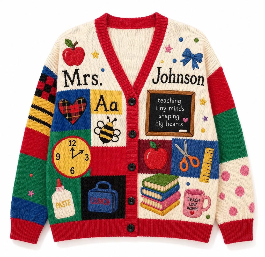 Personalized Teacher Name Knitted HG Cardigan HG : School Teacher Cardigan HG , Teacher Appreciation Gift, School Supplies Print Cardigan HG , Teacher Gift
