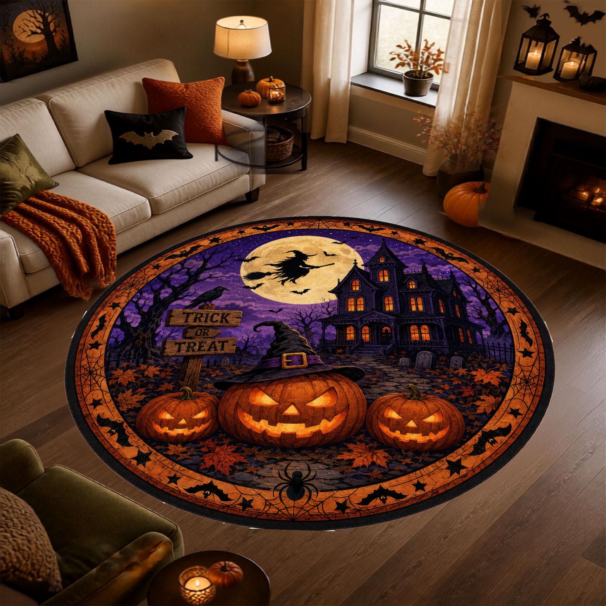 Round Halloween Haunted House Rug, Spooky Pumpkin Witch Moon Decor HG - Image 2