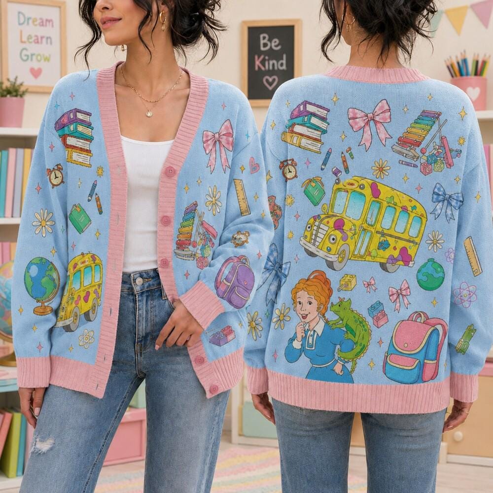The Magic School Bus Ms Frizzle Cardigan HG , Science Teacher Gift, Retro 90s School Bus Sweater, Back to School Outfit, Teacher Aesthetic