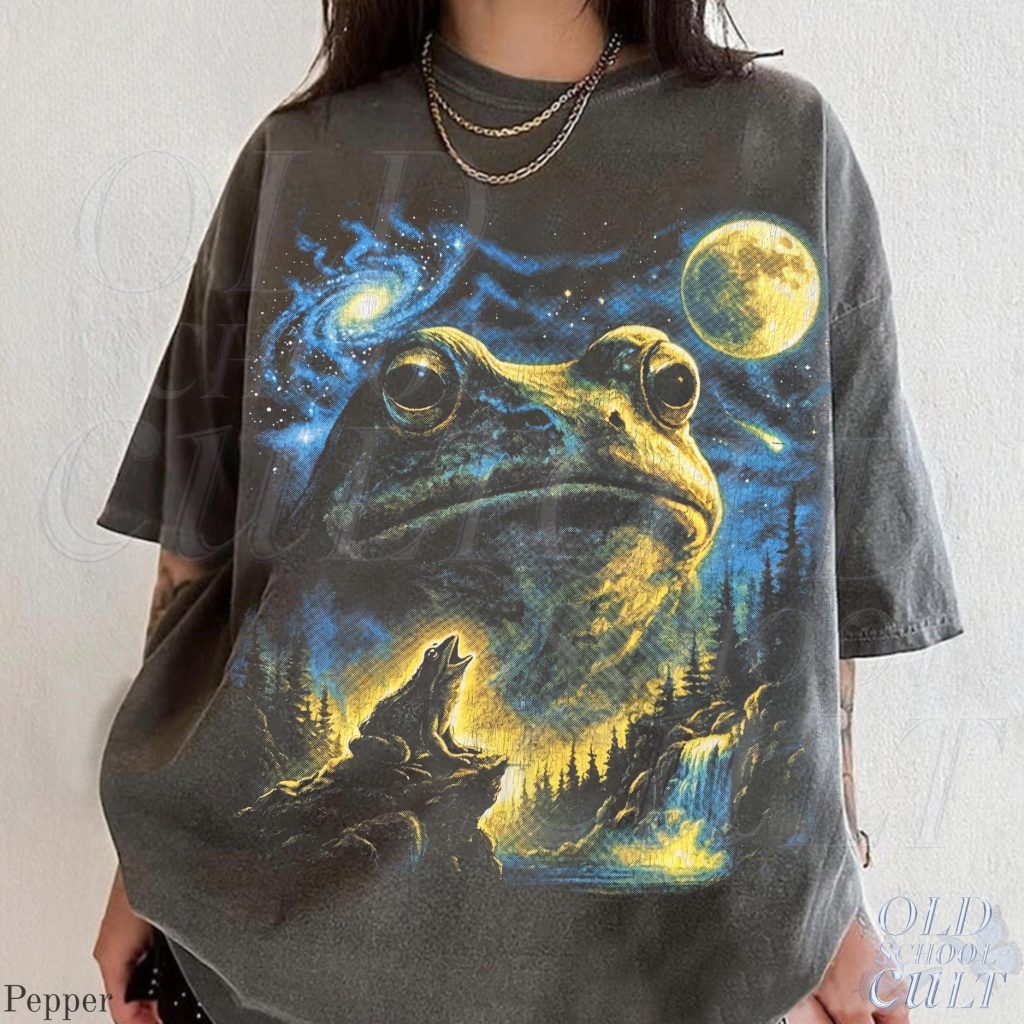 Vintage Frog 90s T Shirt, HG Cosmic Moon Graphic Tee, Washed Black Nature Shirt, Space Frog Gift, Mystical Forest Animal Art Tee