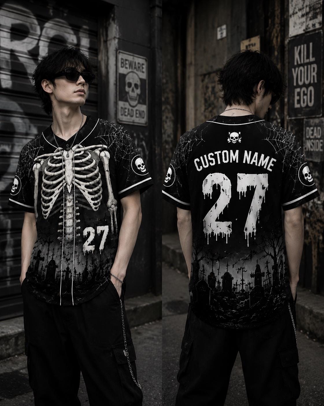 Skeleton Baseball Jersey HG , HG Custom Name Number Halloween Shirt, Skull Rib Cage Uniform, Spooky Gothic Outfit, Horror Team Gift - Image 2
