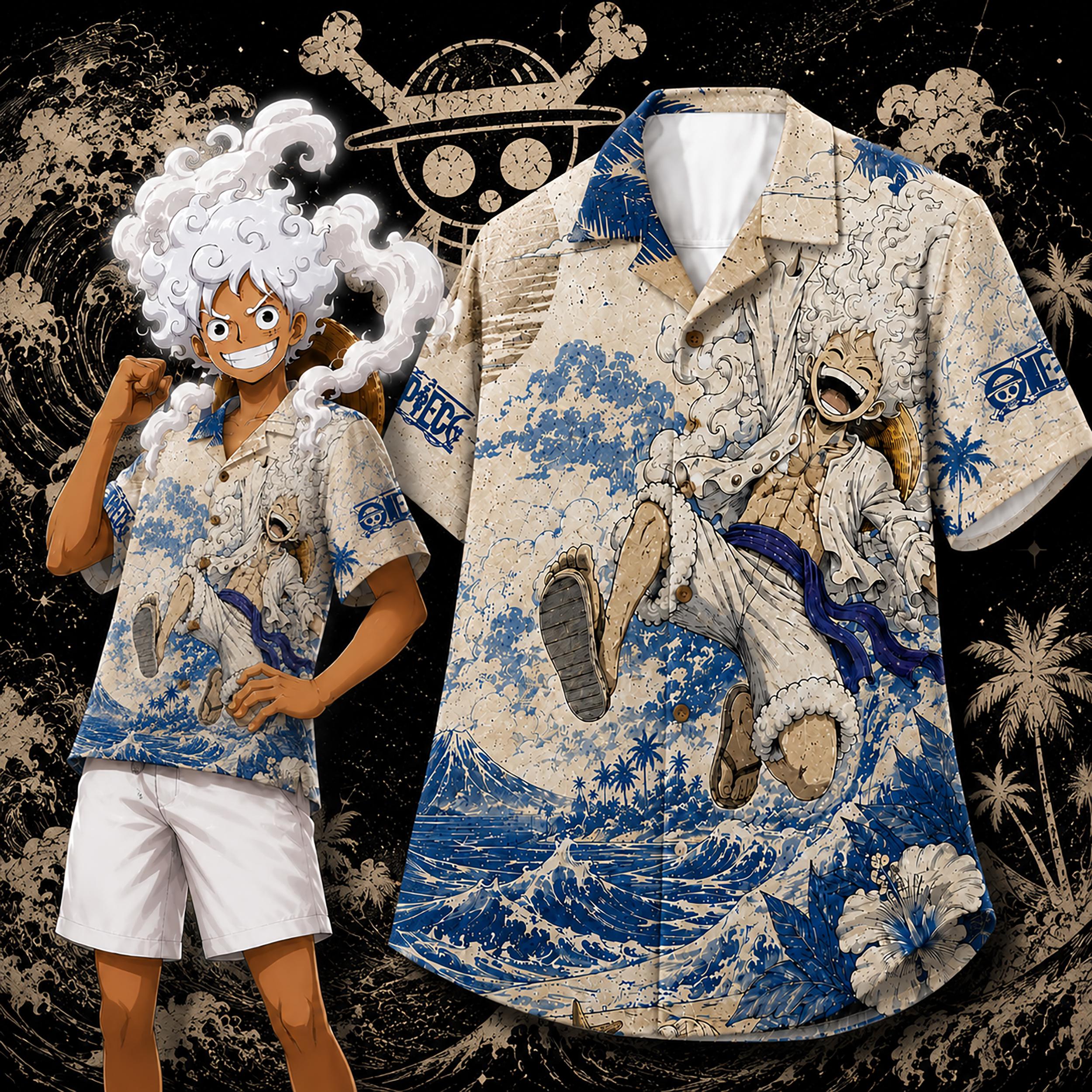 One Piece Gear 5 Hawaiian Shirt HG Ocean Wave Button Up Manga Beach Aloha Shirt HG