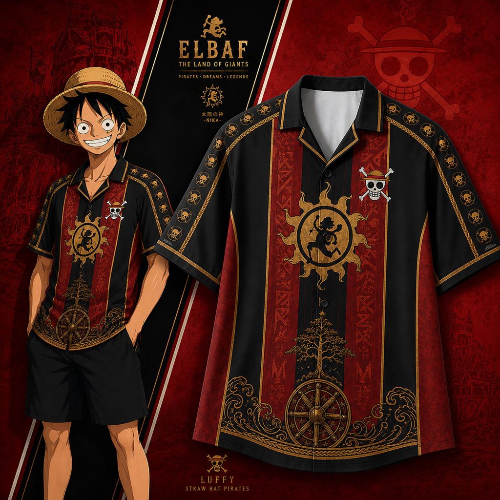 One Piece Nika Collage Hawaiian Shirt HG  – Captain Straw Hat Pirates Inspired Anime Button-Up Shirt HG