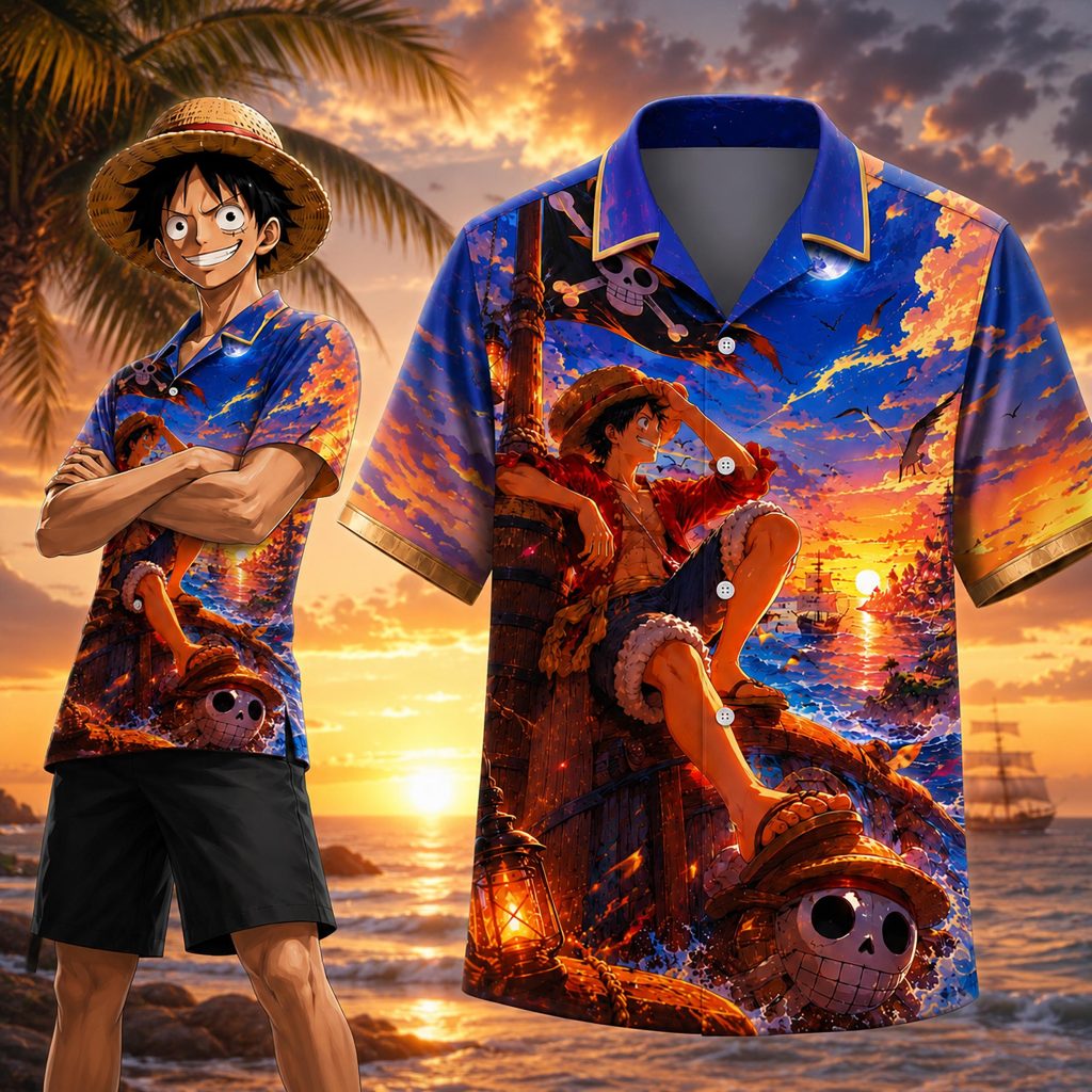 Straw Hat Pirate Sunset Hawaiian Shirt HG – Ocean Adventure Anime Button-Up