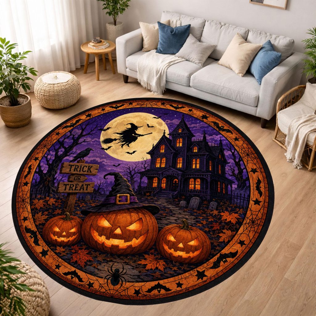 Round Halloween Haunted House Rug, Spooky Pumpkin Witch Moon Decor HG