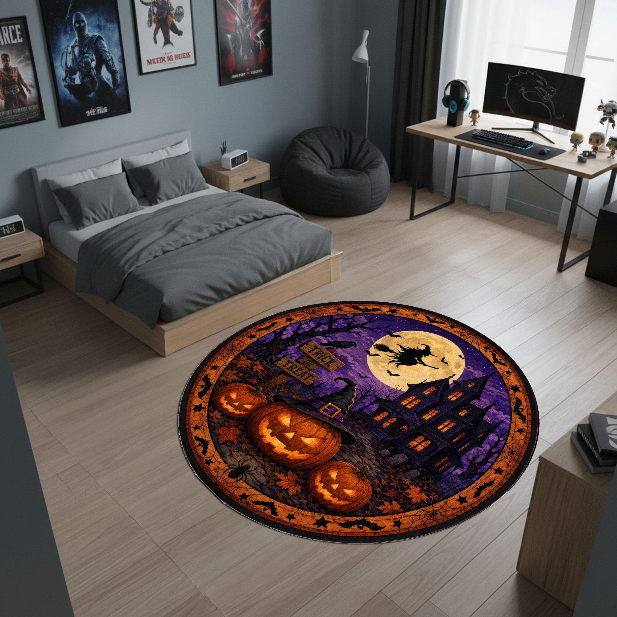 Round Halloween Haunted House Rug, Spooky Pumpkin Witch Moon Decor HG - Image 4